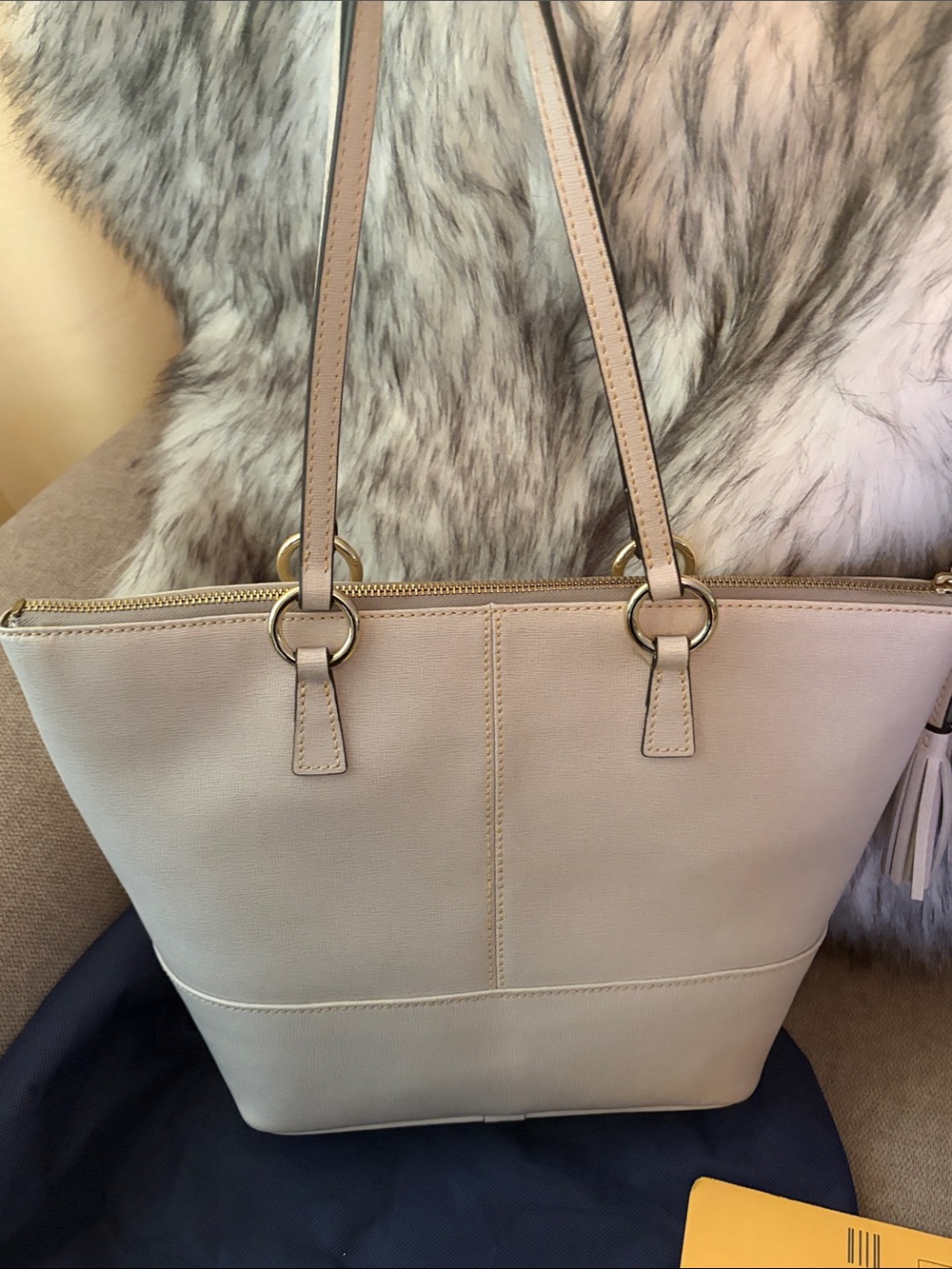 Dooney & Bourke Beige Saffiano leather Tobi Tote with Tassel & dust bag. - Picture 5 of 10